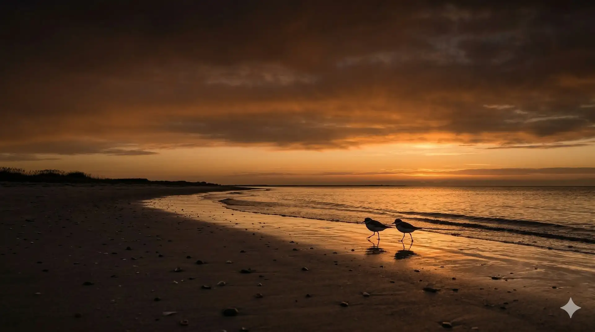 Pair of plovers on a beach shoreline at golden hour