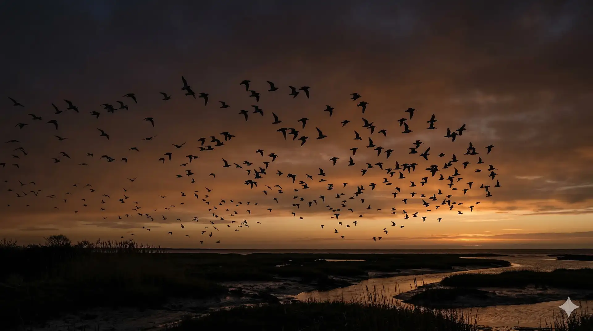 Flock of shorebirds in flight at dusk